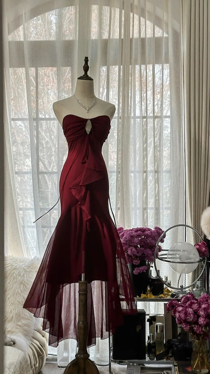Vintage Burgundy Mermaid Strapless Chiffon Long Prom Dress, Party Dress, Evening Dress GG3070