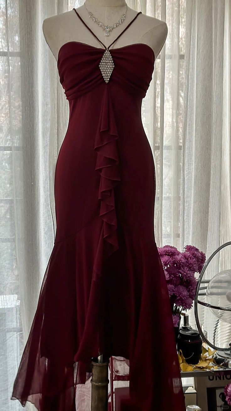 Vintage Burgundy Mermaid Strapless Chiffon Long Prom Dress, Party Dress, Evening Dress GG3070