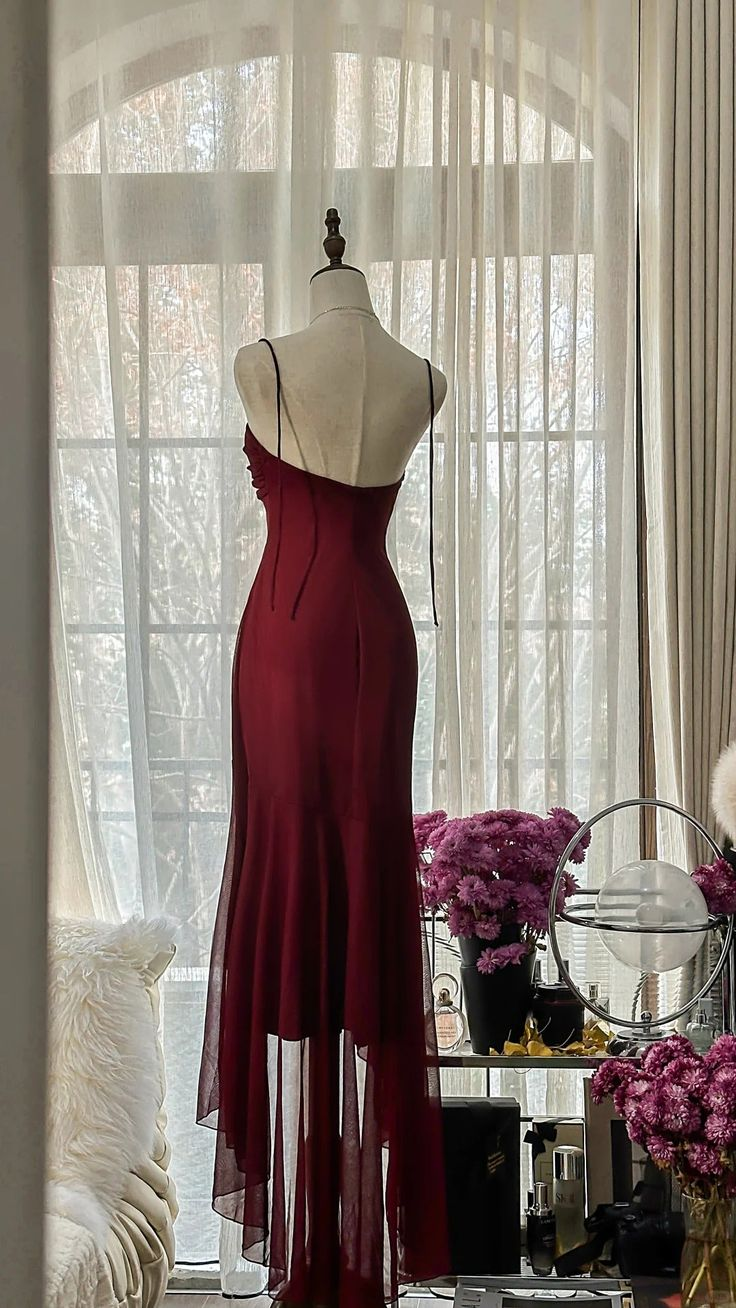 Vintage Burgundy Mermaid Strapless Chiffon Long Prom Dress, Party Dress, Evening Dress GG3070