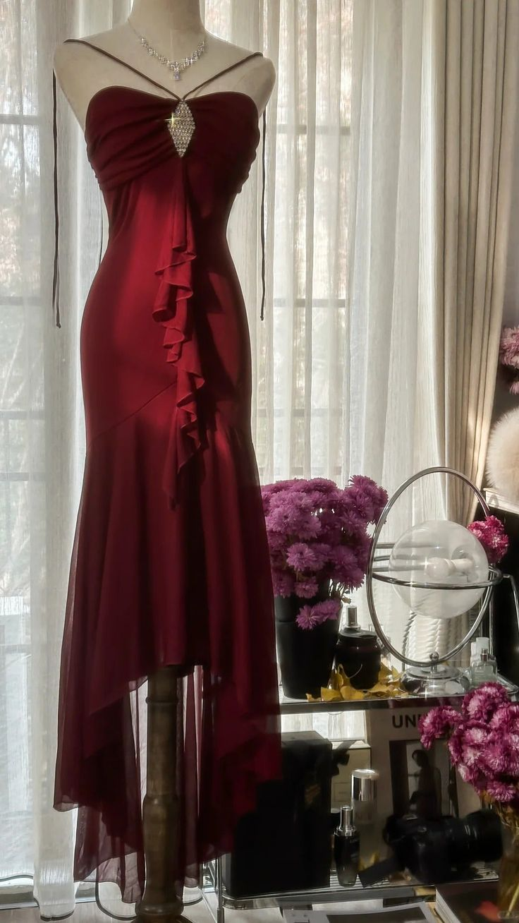Vintage Burgundy Mermaid Strapless Chiffon Long Prom Dress, Party Dress, Evening Dress GG3070
