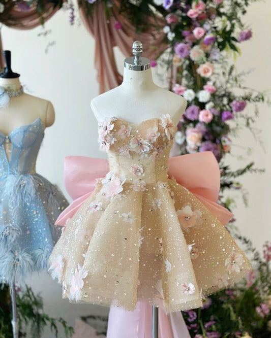 Cute Ball Gown Strapless Satin Sequin Applique Floral Short Prom Dress,Homecoming Dress,Birthday Dress GG3071