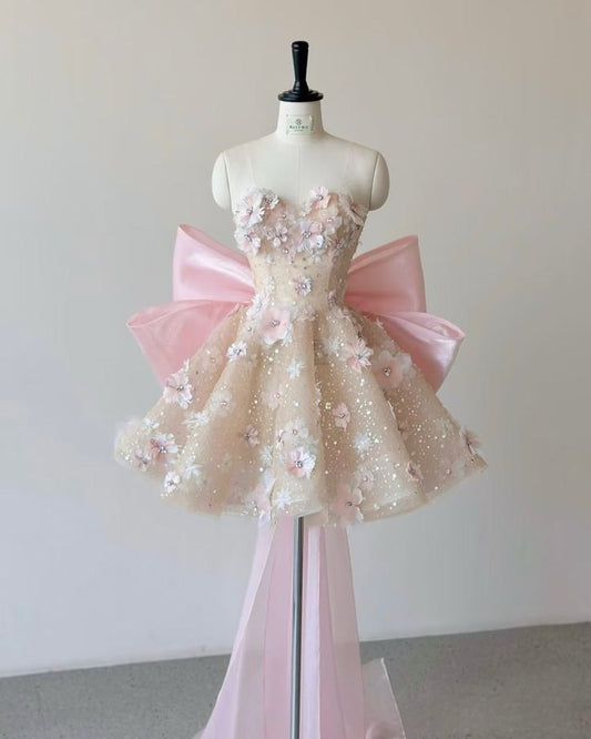 Cute Ball Gown Strapless Satin Sequin Applique Floral Short Prom Dress,Homecoming Dress,Birthday Dress GG3071