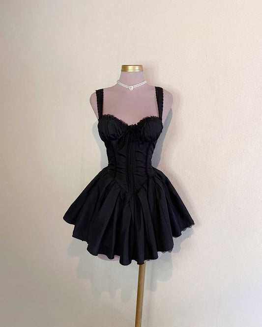 Cute A Line Sweetheart Black Satin Short Prom Dress,Homecoming Dress,Birthday Dress GG3078