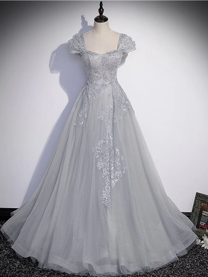 Delicate A LineSweetheart Gray Tulle Applique Long Prom Dress,Evening Dress GG308
