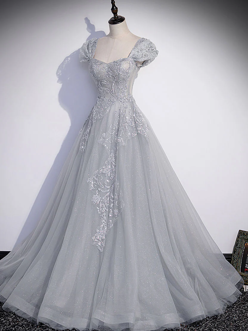 Delicate A LineSweetheart Gray Tulle Applique Long Prom Dress,Evening Dress GG308
