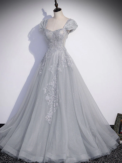 Delicate A LineSweetheart Gray Tulle Applique Long Prom Dress,Evening Dress GG308