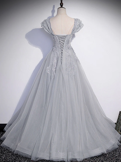 Delicate A LineSweetheart Gray Tulle Applique Long Prom Dress,Evening Dress GG308