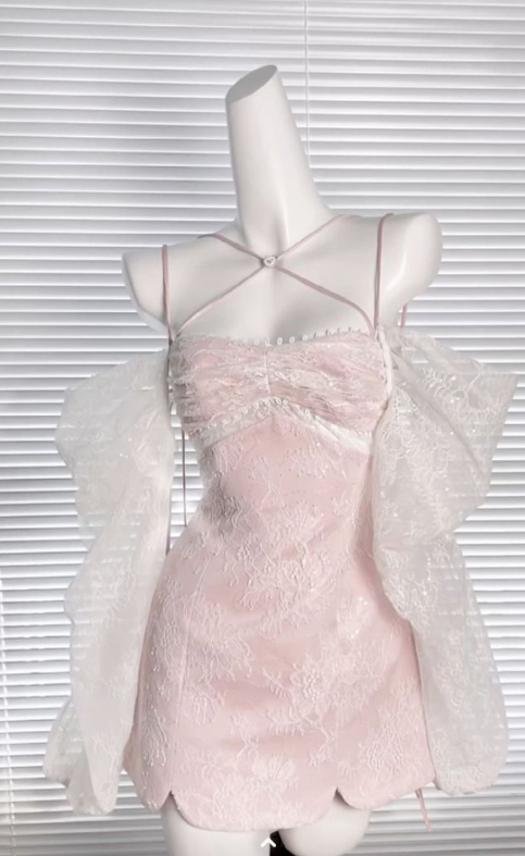 Cute Mermaid Spaghetti Straps Pink Satin Lace Short Prom Dress,Homecoming Dress,Birthday Dress GG3090