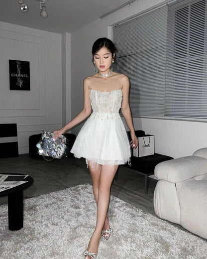 Elegant A Line Strapless White Tulle Lace Beaded Short Prom Dress,Homecoming Dress,Birthday Dress GG3092