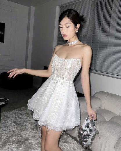 Elegant A Line Strapless White Tulle Lace Beaded Short Prom Dress,Homecoming Dress,Birthday Dress GG3092