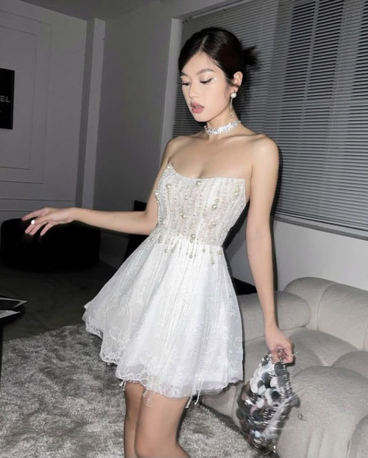 Elegant A Line Strapless White Tulle Lace Beaded Short Prom Dress,Homecoming Dress,Birthday Dress GG3092