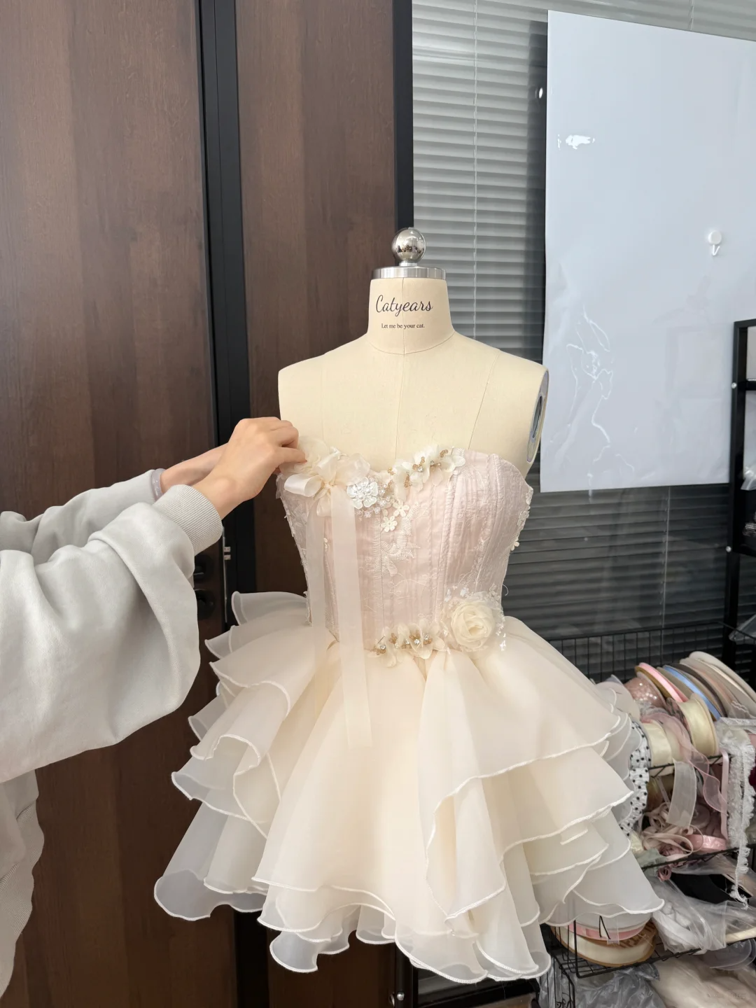 Pretty A Line Strapless Pink Satin Chiffon Applique Short Prom Dress,Homecoming Dress,Birthday Dress GG3093