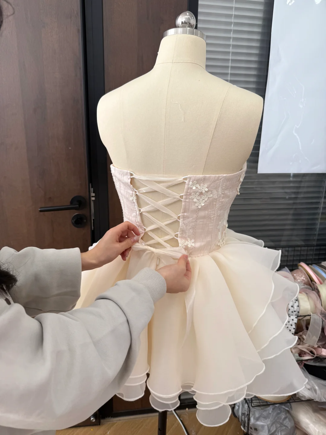 Pretty A Line Strapless Pink Satin Chiffon Applique Short Prom Dress,Homecoming Dress,Birthday Dress GG3093