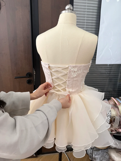 Pretty A Line Strapless Pink Satin Chiffon Applique Short Prom Dress,Homecoming Dress,Birthday Dress GG3093