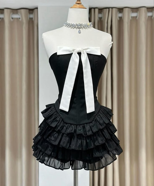 Classy A Line Strapless Black Satin Short Prom Dress,Homecoming Dress,Birthday Dress GG3099