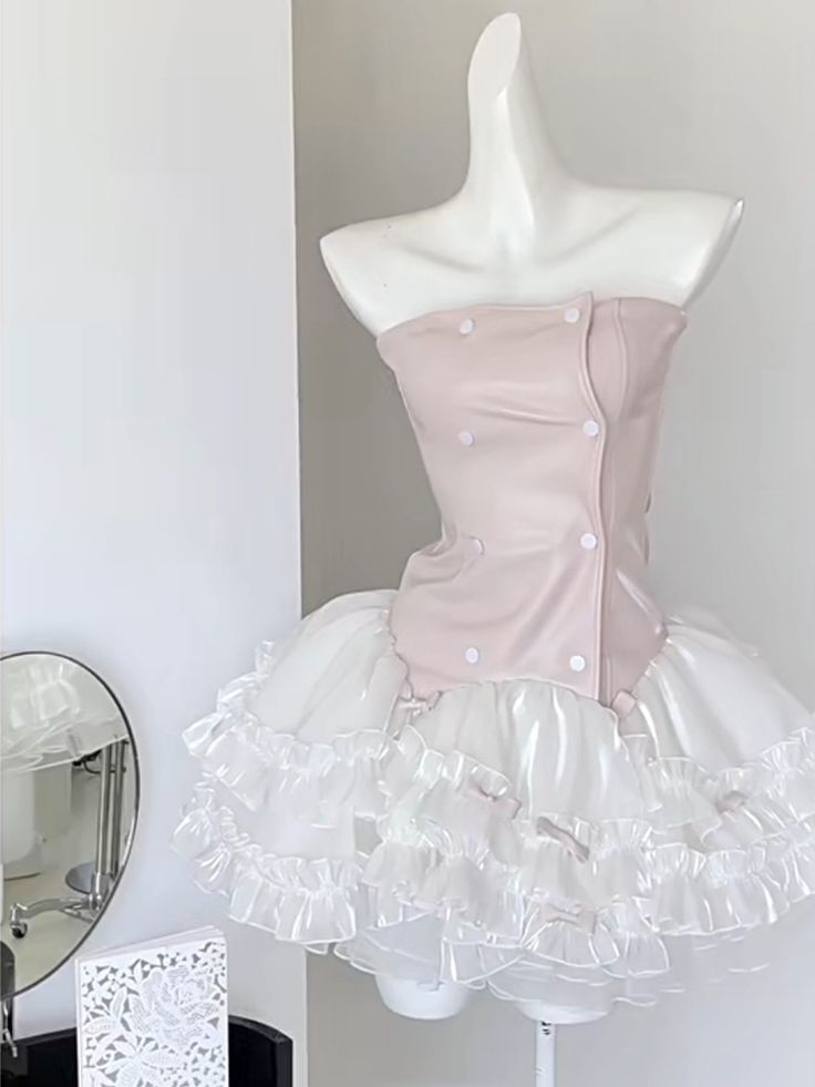 Unique A Line Pink PU Leather Corset Tiered Ruffle Tutu Short Prom Dress,Homecoming Dress,Birthday Dress GG3101