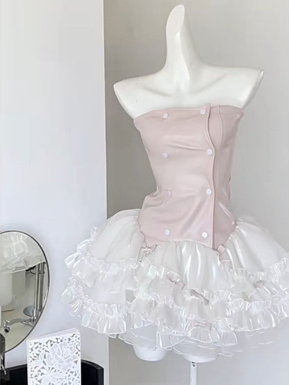 Unique A Line Pink PU Leather Corset Tiered Ruffle Tutu Short Prom Dress,Homecoming Dress,Birthday Dress GG3101