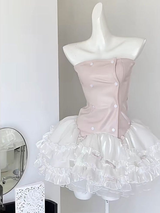 Unique A Line Pink PU Leather Corset Tiered Ruffle Tutu Short Prom Dress,Homecoming Dress,Birthday Dress GG3101