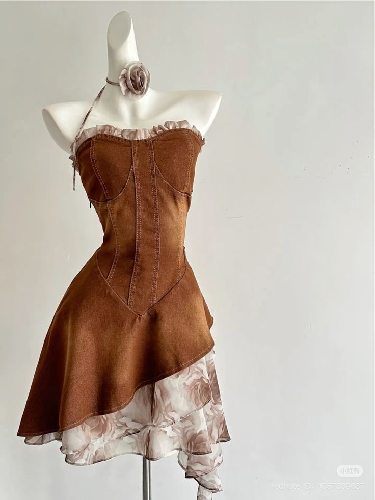 Unique A Line Strapless Brown Satin Chiffon Short Prom Dress,Homecoming Dress,Birthday Dress GG3106