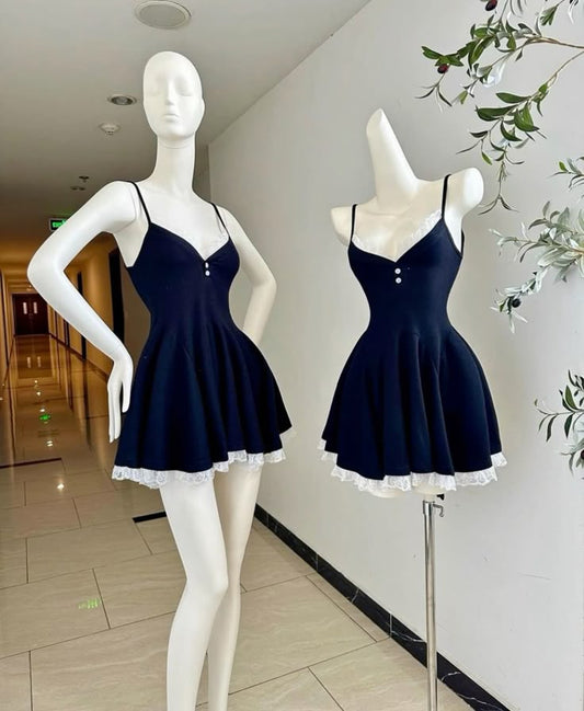 Navy Blue A Line Spaghetti Straps Satin Short Prom Dress,Homecoming Dress,Birthday Dress GG3109