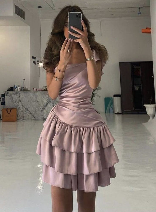 Unique A Line Dusty Rose Satin Short Prom Dress,Homecoming Dress,Birthday Dress GG3115