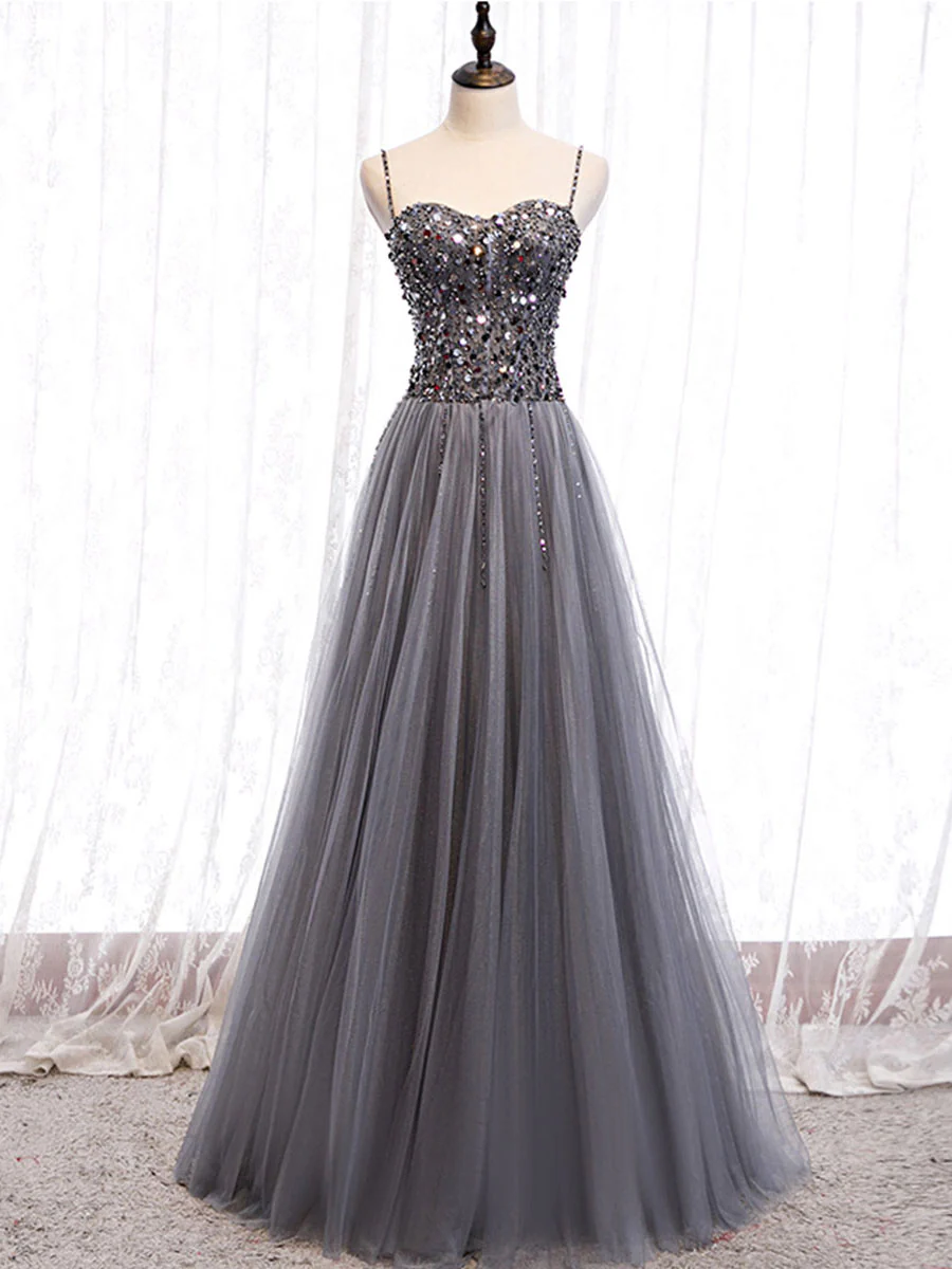 Delicate A Line Spaghetti Straps Sweetheart Gray Tulle Sequin Long Prom Dress,Evening Dress GG311