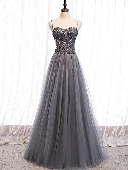 Delicate A Line Spaghetti Straps Sweetheart Gray Tulle Sequin Long Prom Dress,Evening Dress GG311