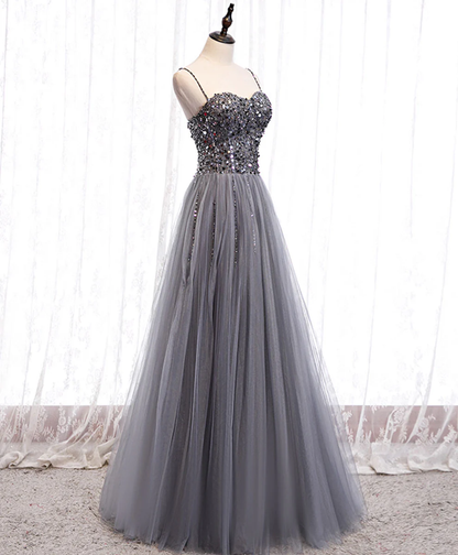Delicate A Line Spaghetti Straps Sweetheart Gray Tulle Sequin Long Prom Dress,Evening Dress GG311