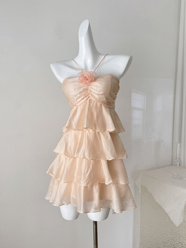 Champagne A Line Halter Chiffon Tiered Short Prom Dress,Homecoming Dress,Birthday Dress GG3120