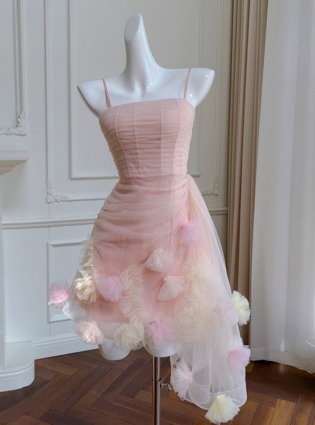 Cute A Line Pink Spaghetti Straps Tulle Short Prom Dress,Homecoming Dress,Birthday Dress GG3122