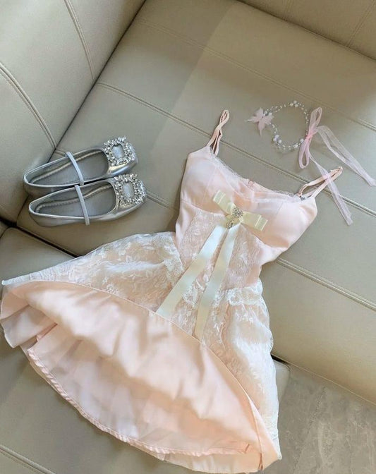 Pretty A Line Spaghetti Straps Pink Satin Lace Short Prom Dress,Homecoming Dress,Birthday Dress GG3125