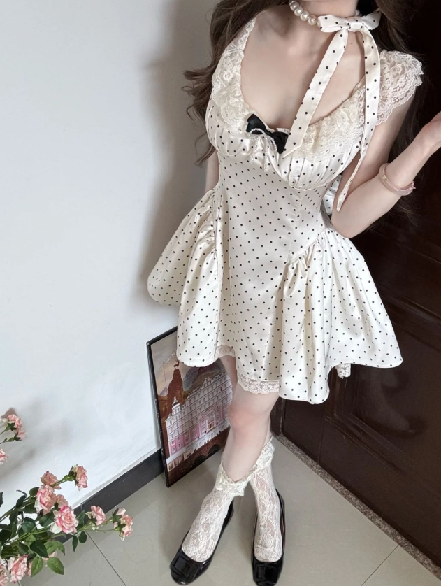 Polka Dots A Line Low Collar Satin Short Prom Dress,Homecoming Dress,Birthday Dress GG3129