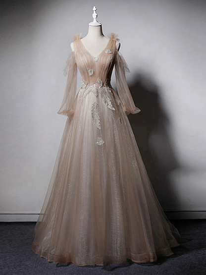 Delicate A Line V Neck Tulle Long Sleeves Applique Long Prom Dress,Evening Dress GG312