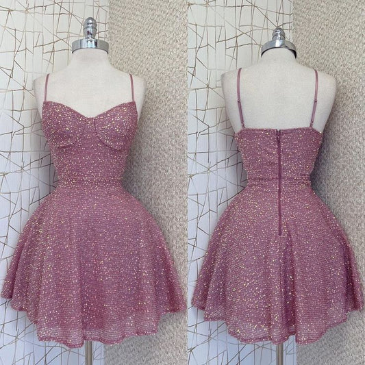 Glitter A Line Spaghetti Straps Satin Sequin Short Prom Dress,Homecoming Dress,Birthday Dress GG3139