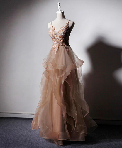 Delicate A Line Spaghetti Straps V Neck Tulle Applique Long Prom Dress,Evening Dress GG313