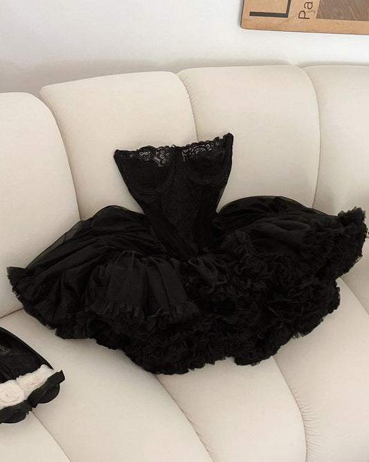 Black Cute Ball Gown Strapless Satin Lace Short Prom Dress,Homecoming Dress,Birthday Dress GG3142
