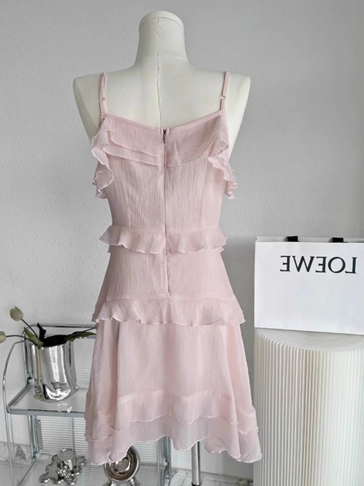 Cute Pink A Line Spaghetti Straps Chiffon Ruffles Short Prom Dress,Homecoming Dress,Birthday Dress GG3145