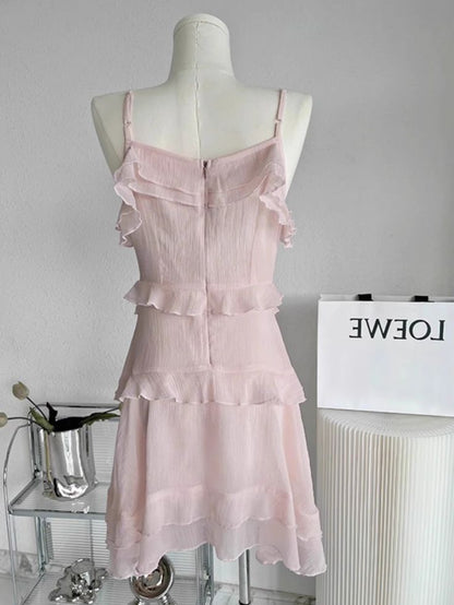 Cute Pink A Line Spaghetti Straps Chiffon Ruffles Short Prom Dress,Homecoming Dress,Birthday Dress GG3145