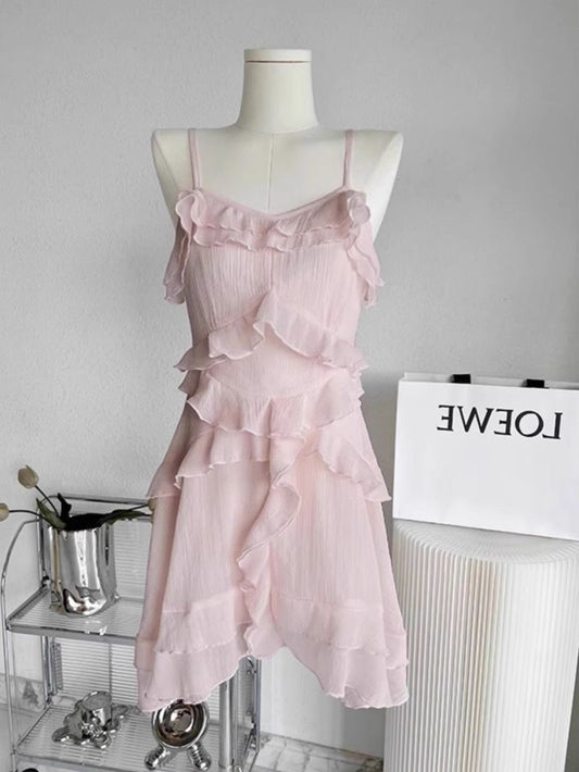 Cute Pink A Line Spaghetti Straps Chiffon Ruffles Short Prom Dress,Homecoming Dress,Birthday Dress GG3145