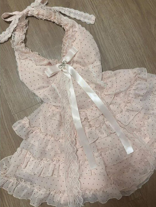 Pretty Pink A Line Halter Chiffon Lace Short Prom Dress,Homecoming Dress,Birthday Dress GG3146