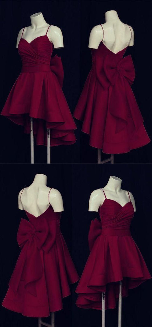 Burgundy A Line Spaghetti Straps Satin Bow Short Prom Dress,Homecoming Dress,Birthday Dress GG3158