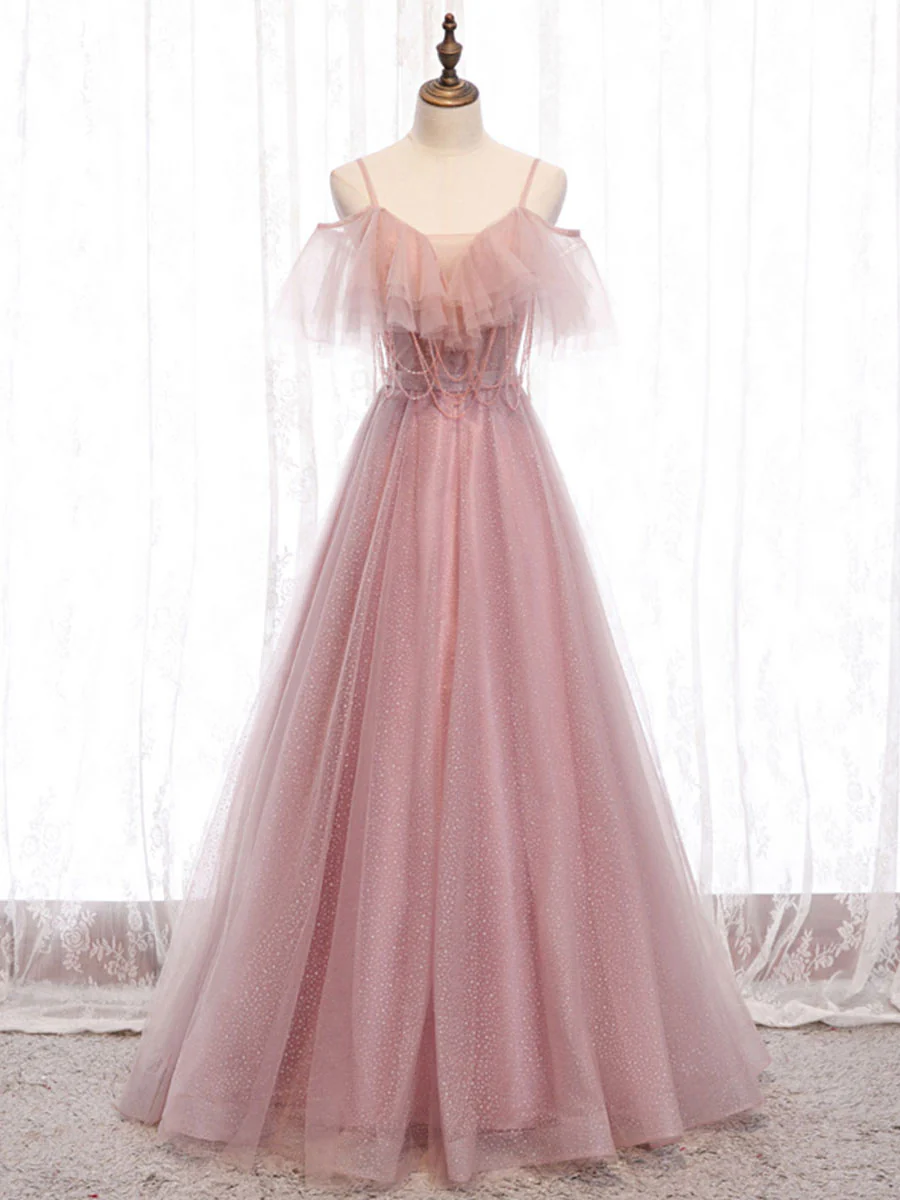 ELegant A Line Spaghetti Straps Off The Shoulder Pink Beading Tulle Long Prom Dress,Evening Dress GG315