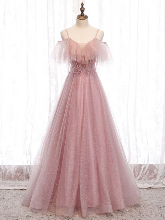 ELegant A Line Spaghetti Straps Off The Shoulder Pink Beading Tulle Long Prom Dress,Evening Dress GG315