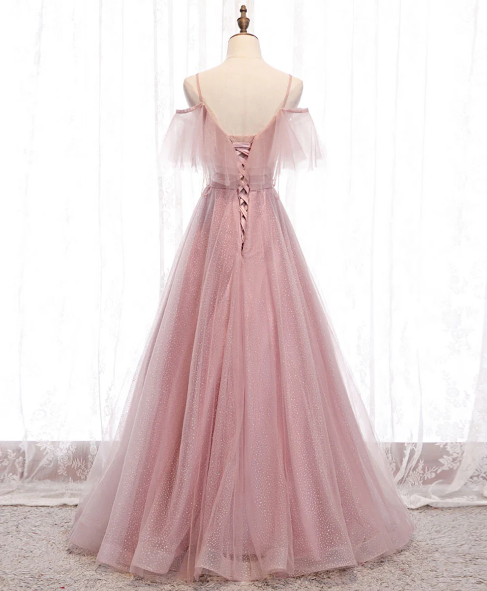 ELegant A Line Spaghetti Straps Off The Shoulder Pink Beading Tulle Long Prom Dress,Evening Dress GG315