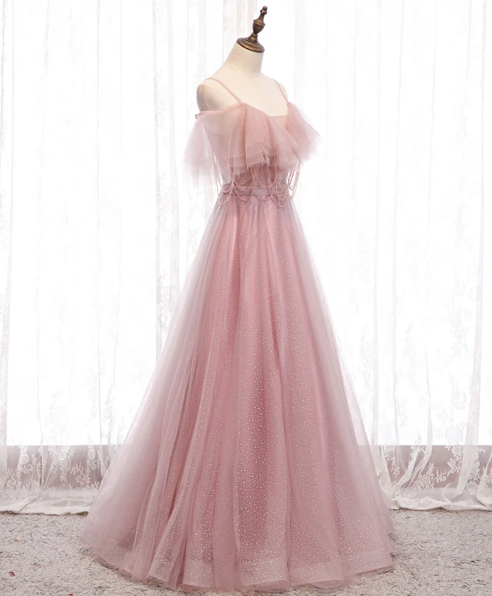 ELegant A Line Spaghetti Straps Off The Shoulder Pink Beading Tulle Long Prom Dress,Evening Dress GG315