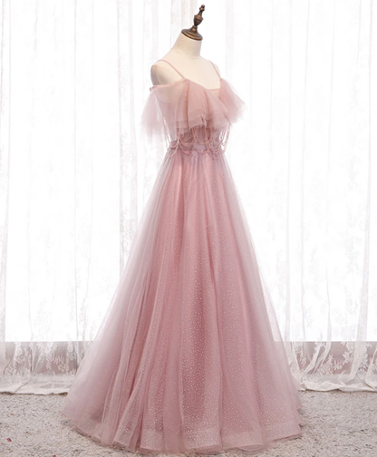 ELegant A Line Spaghetti Straps Off The Shoulder Pink Beading Tulle Long Prom Dress,Evening Dress GG315