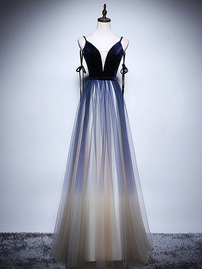 ELegant A Line Spaghetti Straps V Neck Dark Blue Tulle Long Prom Dress,Evening Dress GG316