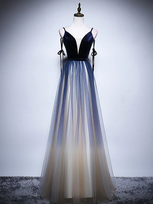 ELegant A Line Spaghetti Straps V Neck Dark Blue Tulle Long Prom Dress,Evening Dress GG316