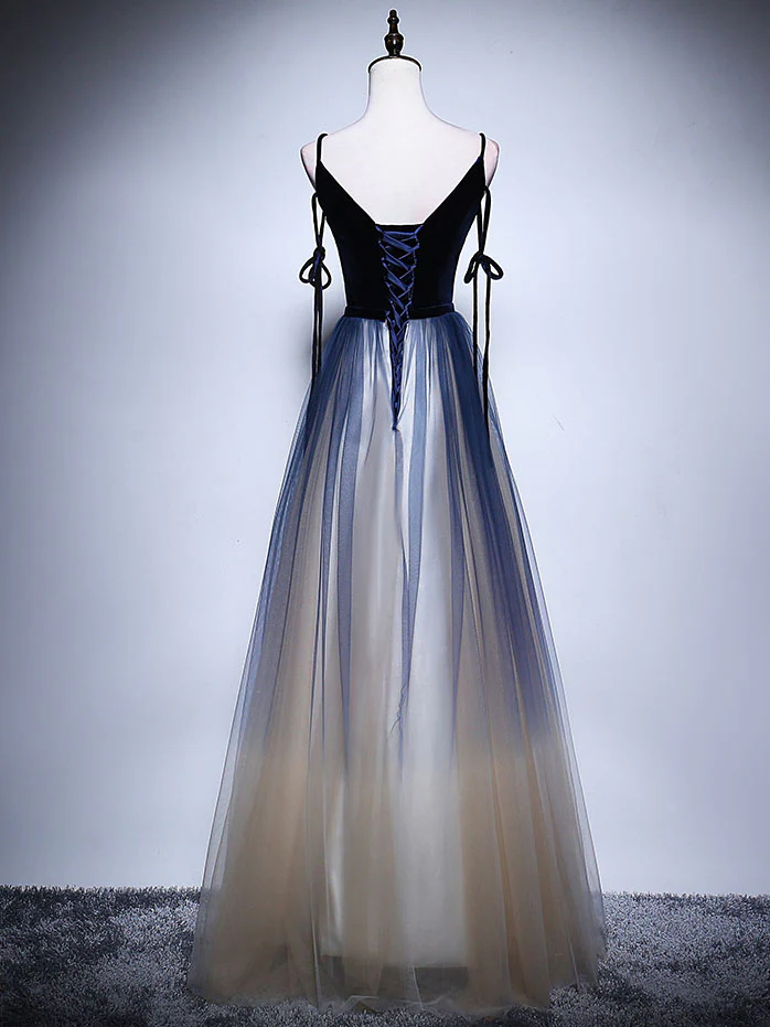 ELegant A Line Spaghetti Straps V Neck Dark Blue Tulle Long Prom Dress,Evening Dress GG316