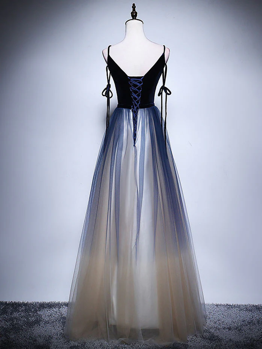 ELegant A Line Spaghetti Straps V Neck Dark Blue Tulle Long Prom Dress,Evening Dress GG316